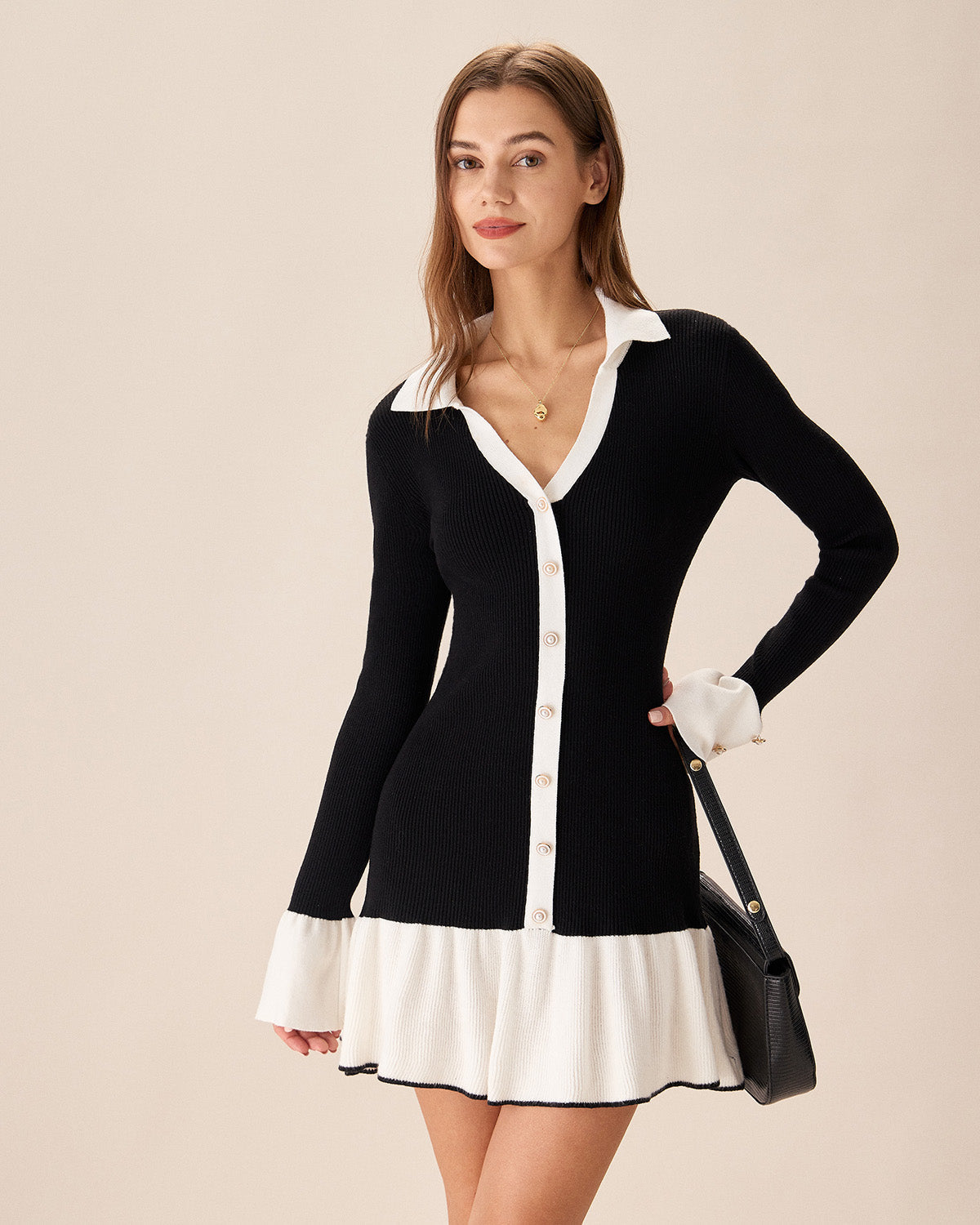 Black Bell Sleeve Knit Mini Dress - view 3