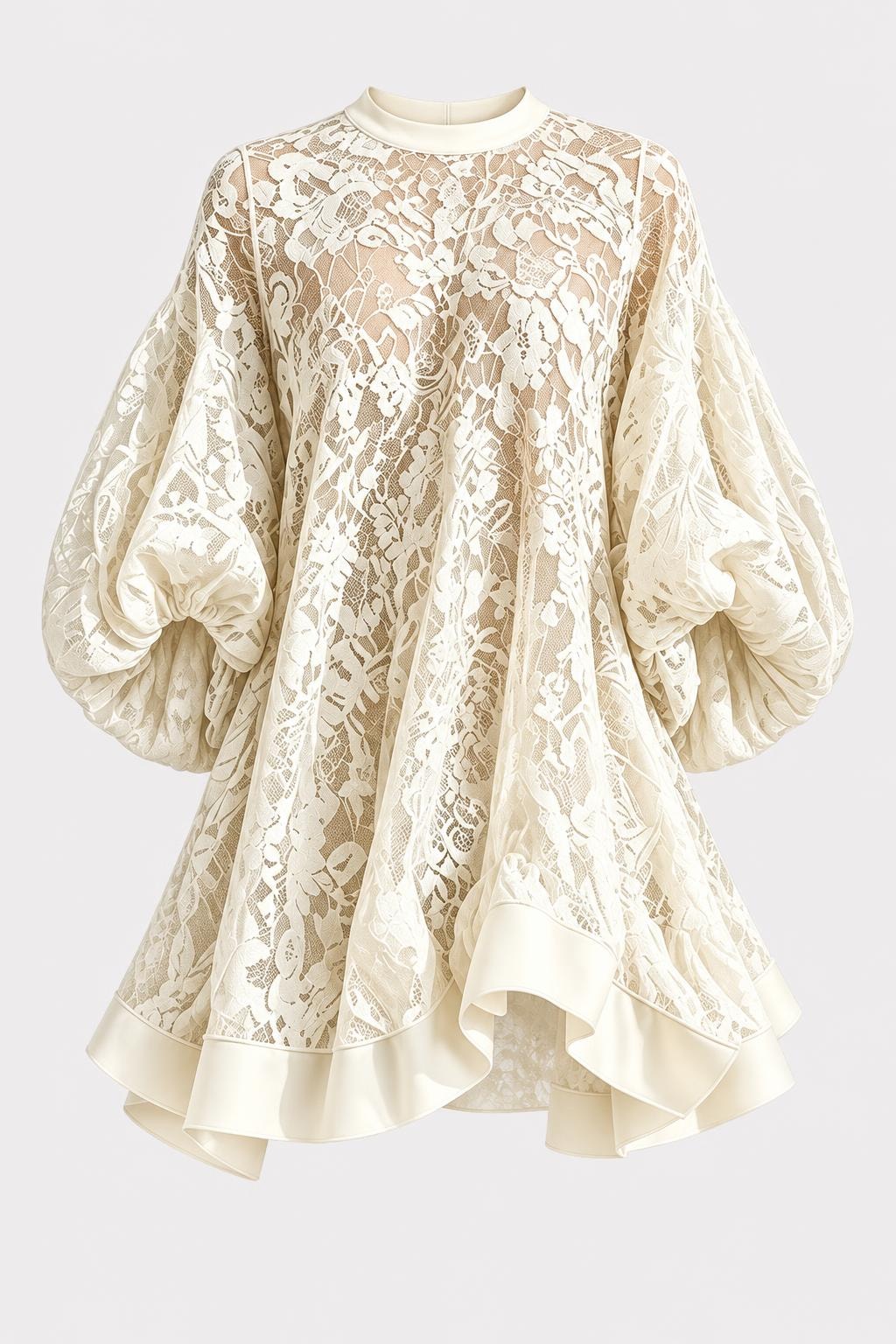 Lace Balloon Sleeve Mini Dress - 1