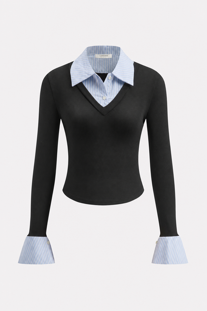 Ribbed knit long sleeve polo shirt
