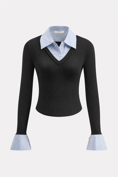 Ribbed knit long sleeve polo shirt
