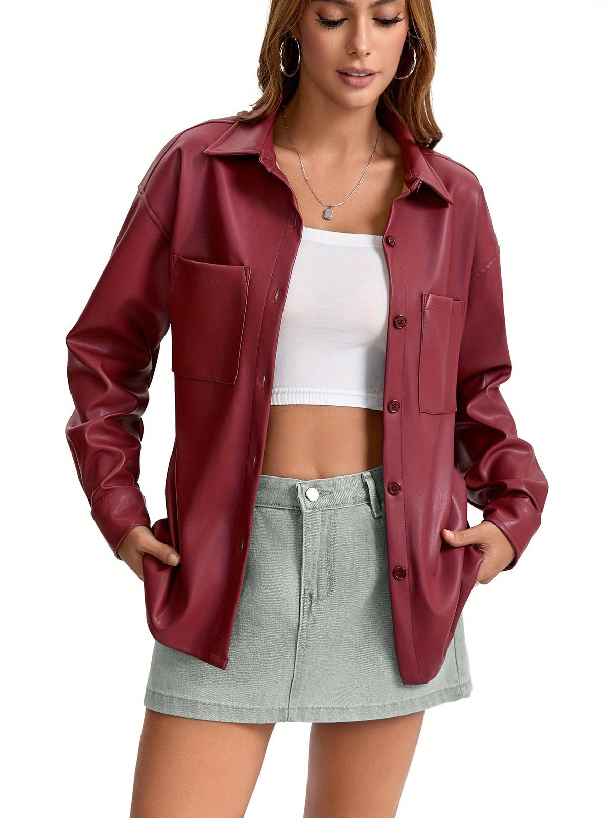 Oversized Faux Leather Button-Front Jacket - view 6