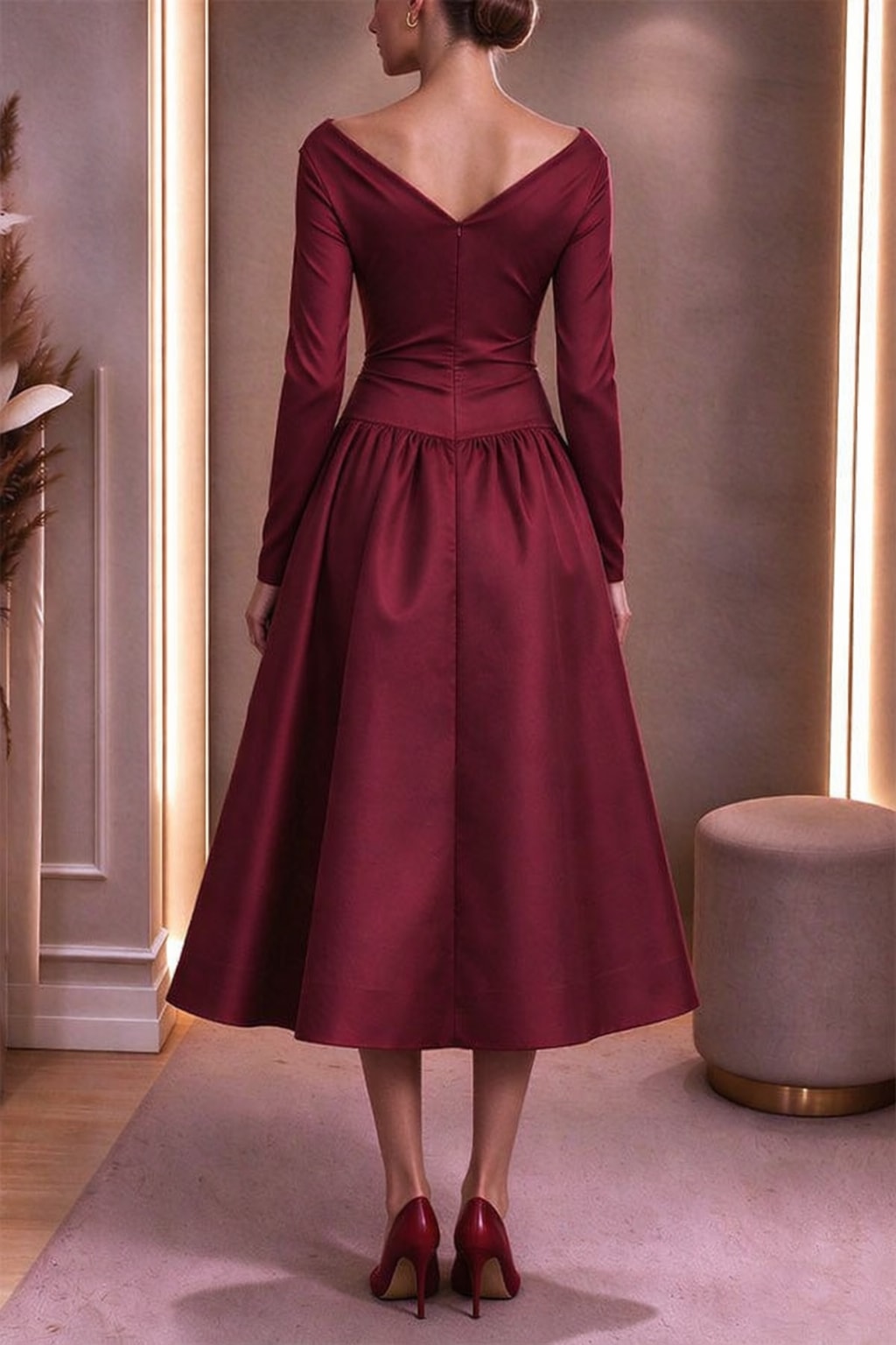 Satin Midi Dress With V-Neck And Flared Skirt - 3