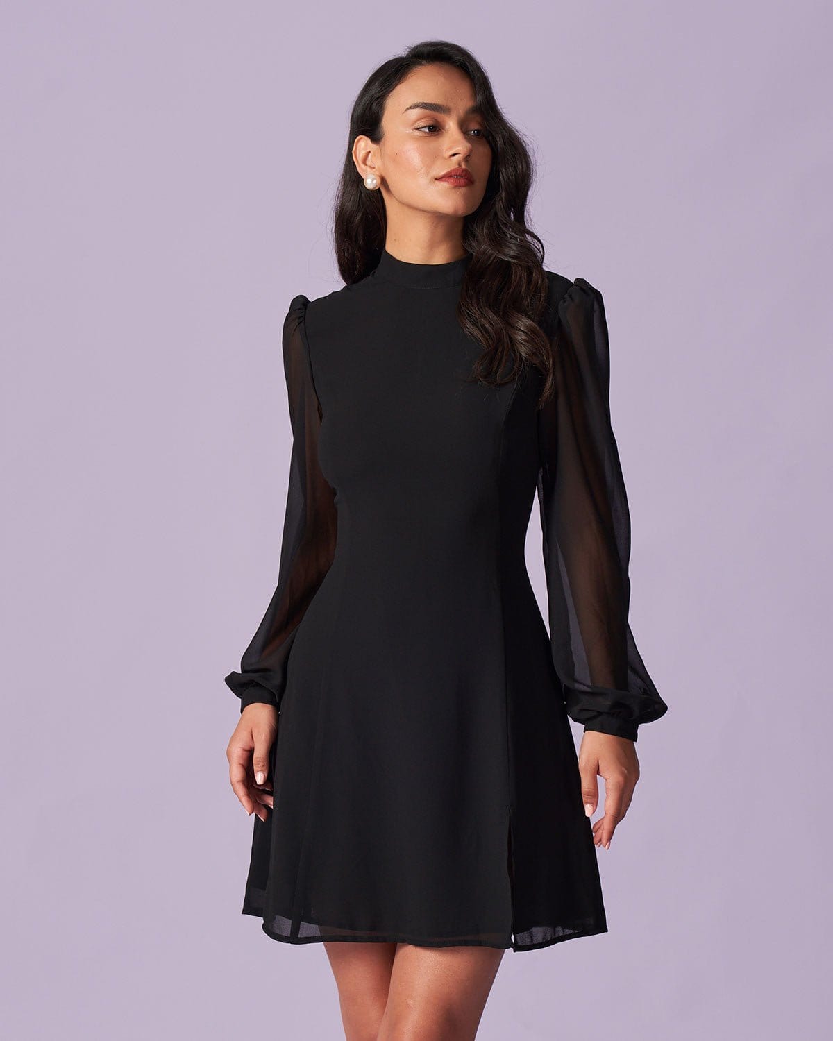 Black sheer slit mini dress with mock neck - view 5