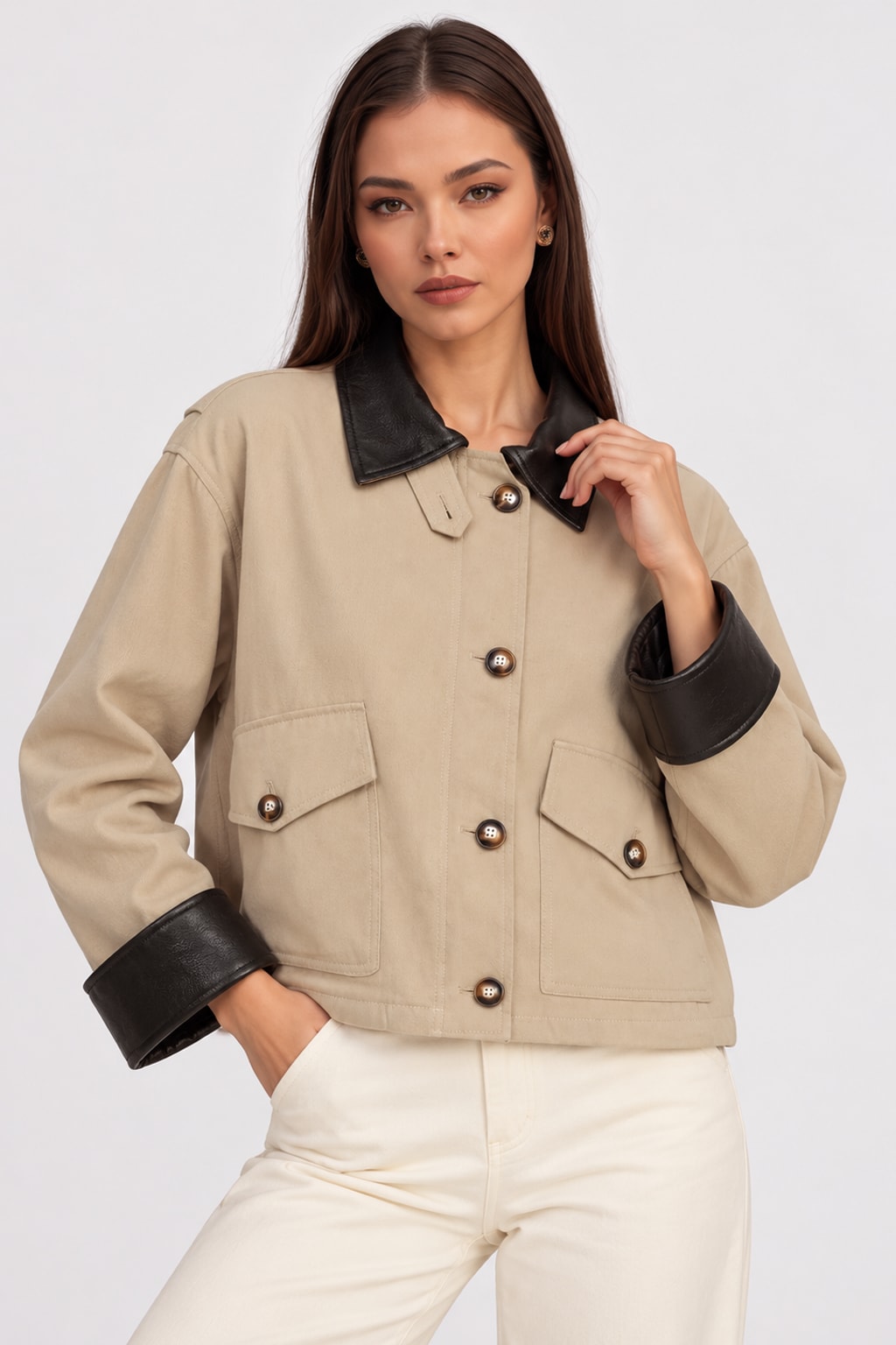 Polyester Jacket Turn-Down Collar Zip-Up Coat - 3