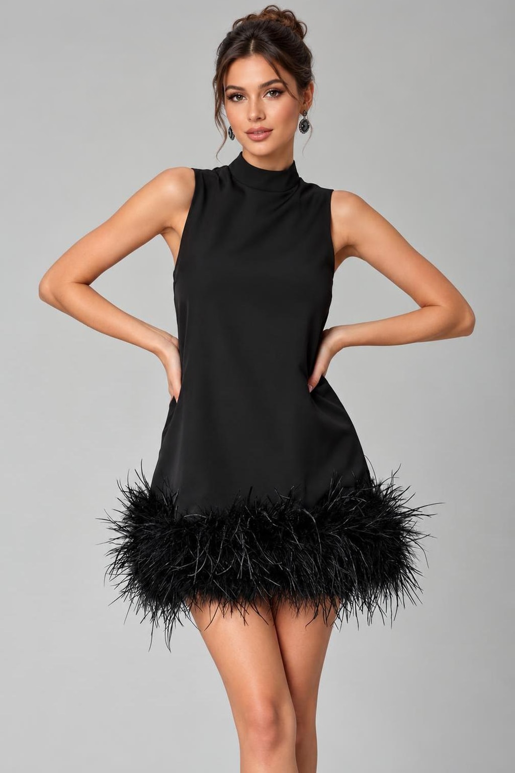 Mock Neck Sleeveless Mini Dress With Feather Hem Holiday Party-2
