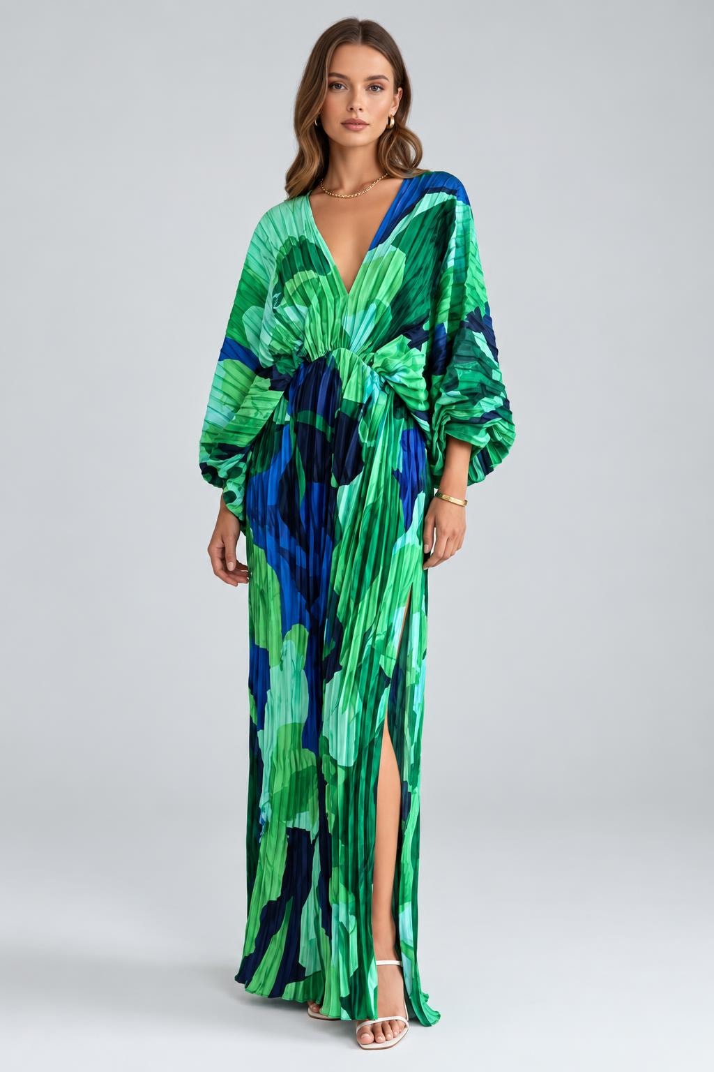 Pleated V-Neck Maxi Dress - 2
