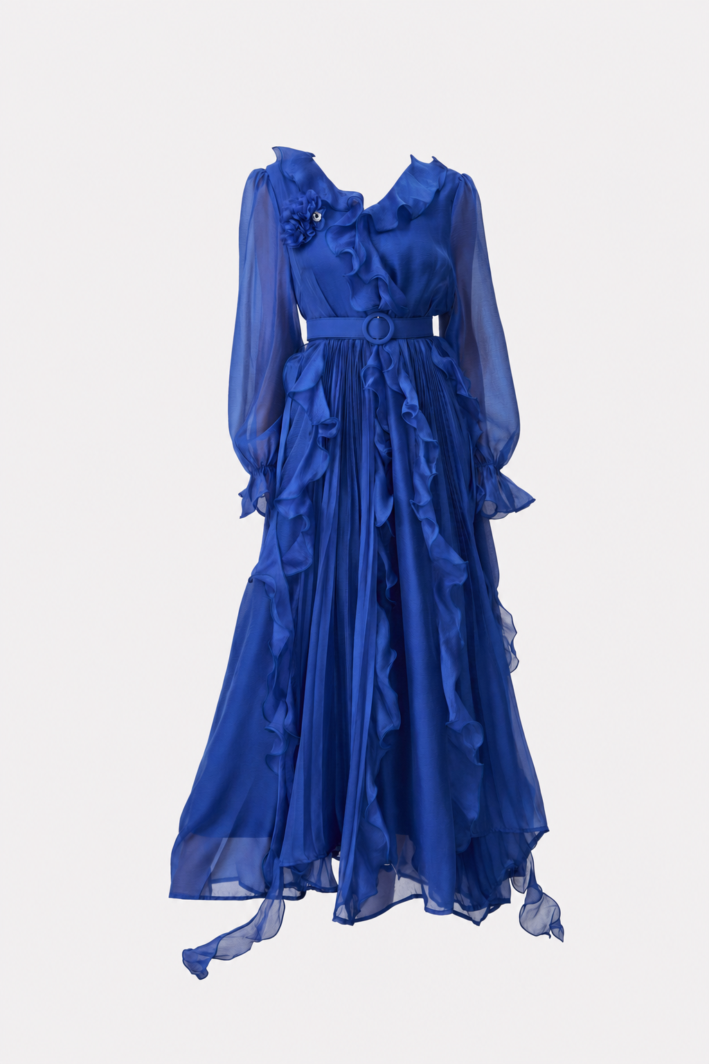 Cobalt Blue Ruffle Trim Maxi Dress with V-Neck