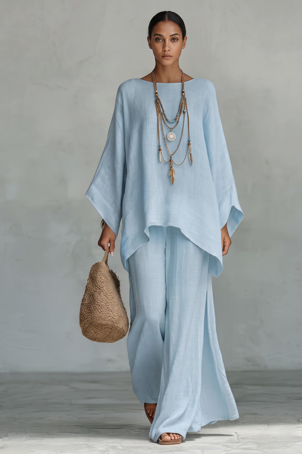 Asymmetric Top Two-Piece Set With Flowing Pants - 9
