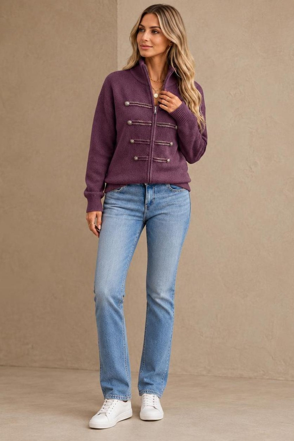 Knit Zip-Front Military-Style Cardigan - 11