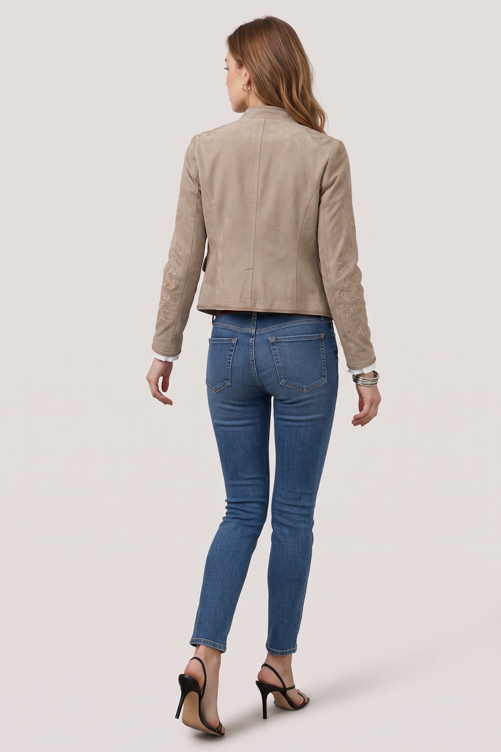 Retro Beige Long Sleeve Blazer with Floral Embroidery - 5