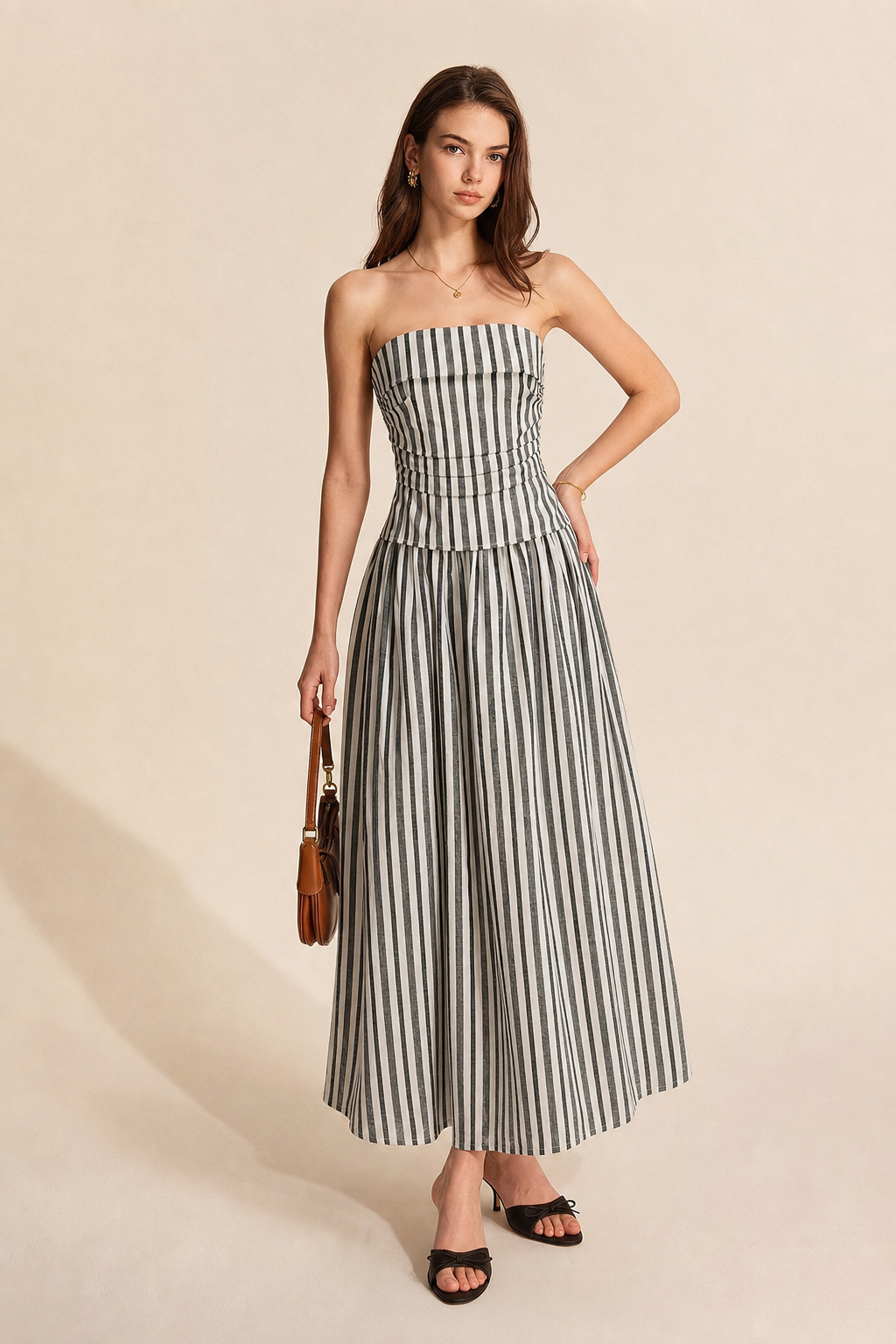 Striped Cotton Linen Strapless Maxi Dress - view 4