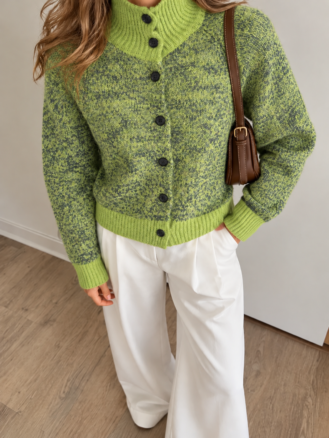 Knit Cardigan Turtleneck Color Block Style - 6