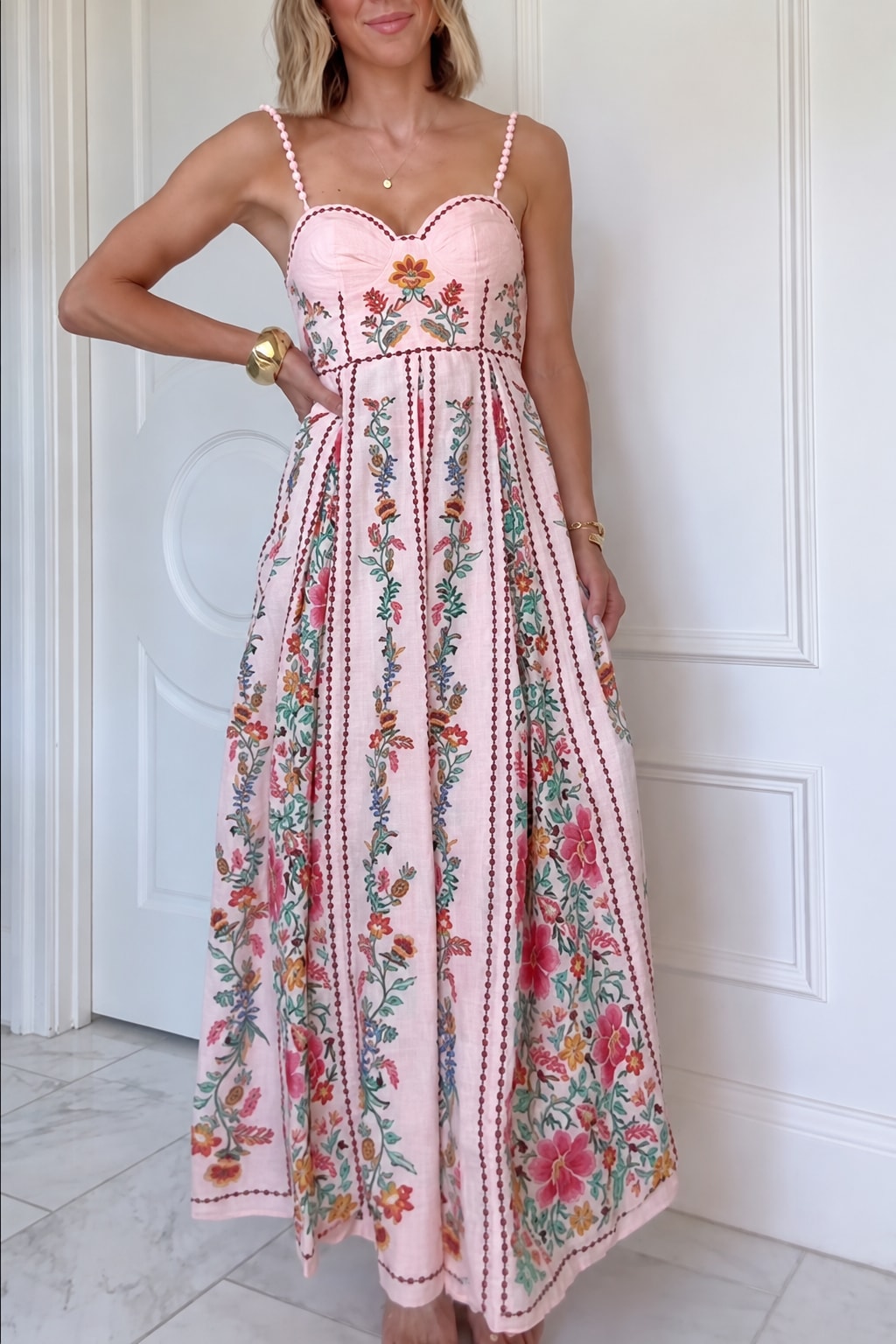 Linen Blend Maxi Dress Sweetheart Neck Vacation Style - 6