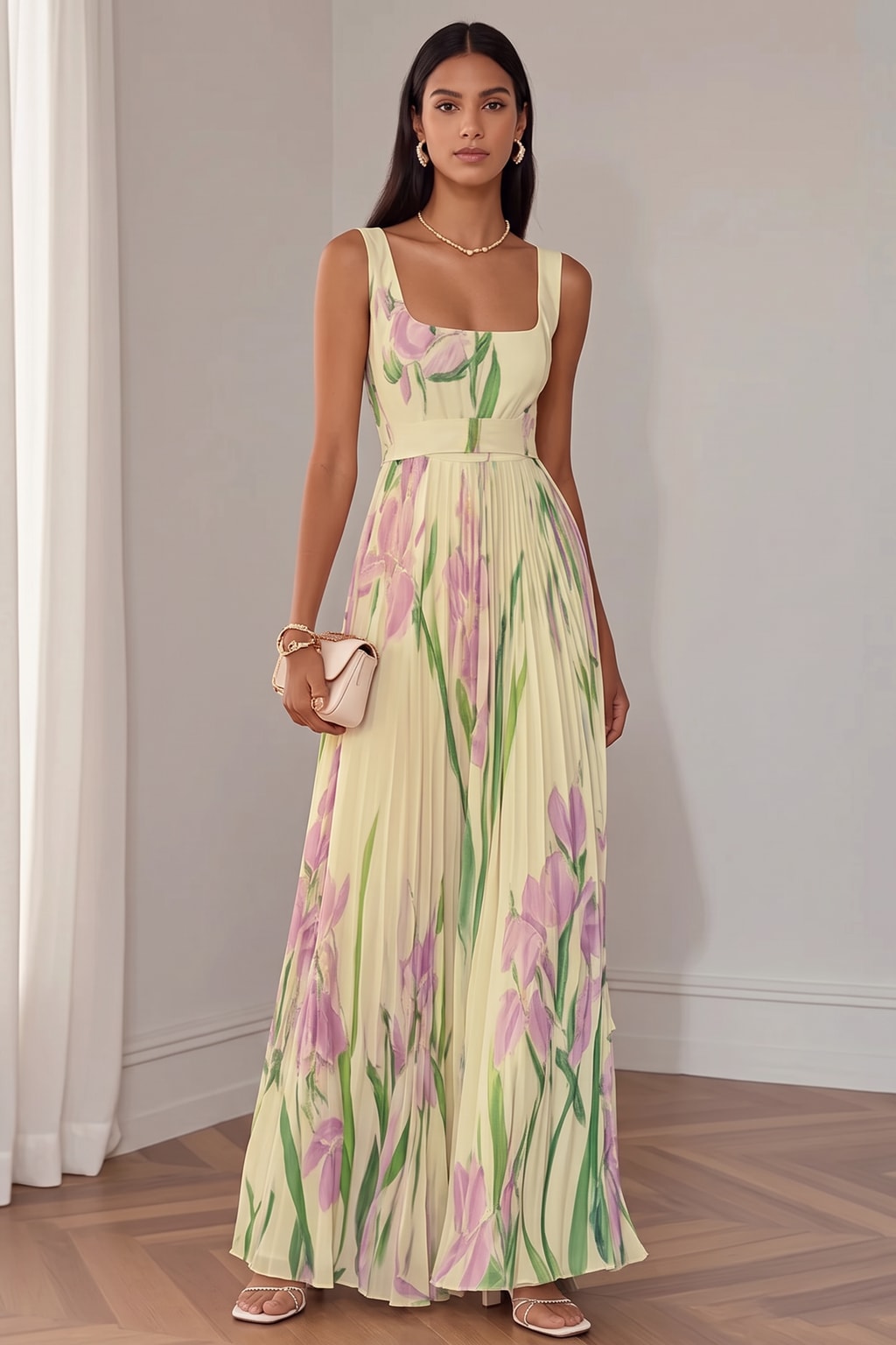 Polyester Floral Dress With Square Neck - 1