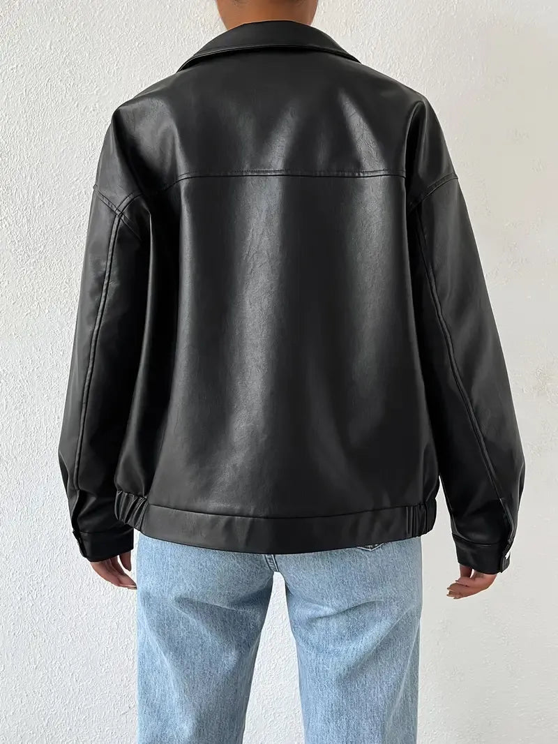 Black Faux Leather Jacket with Point Collar - view 4