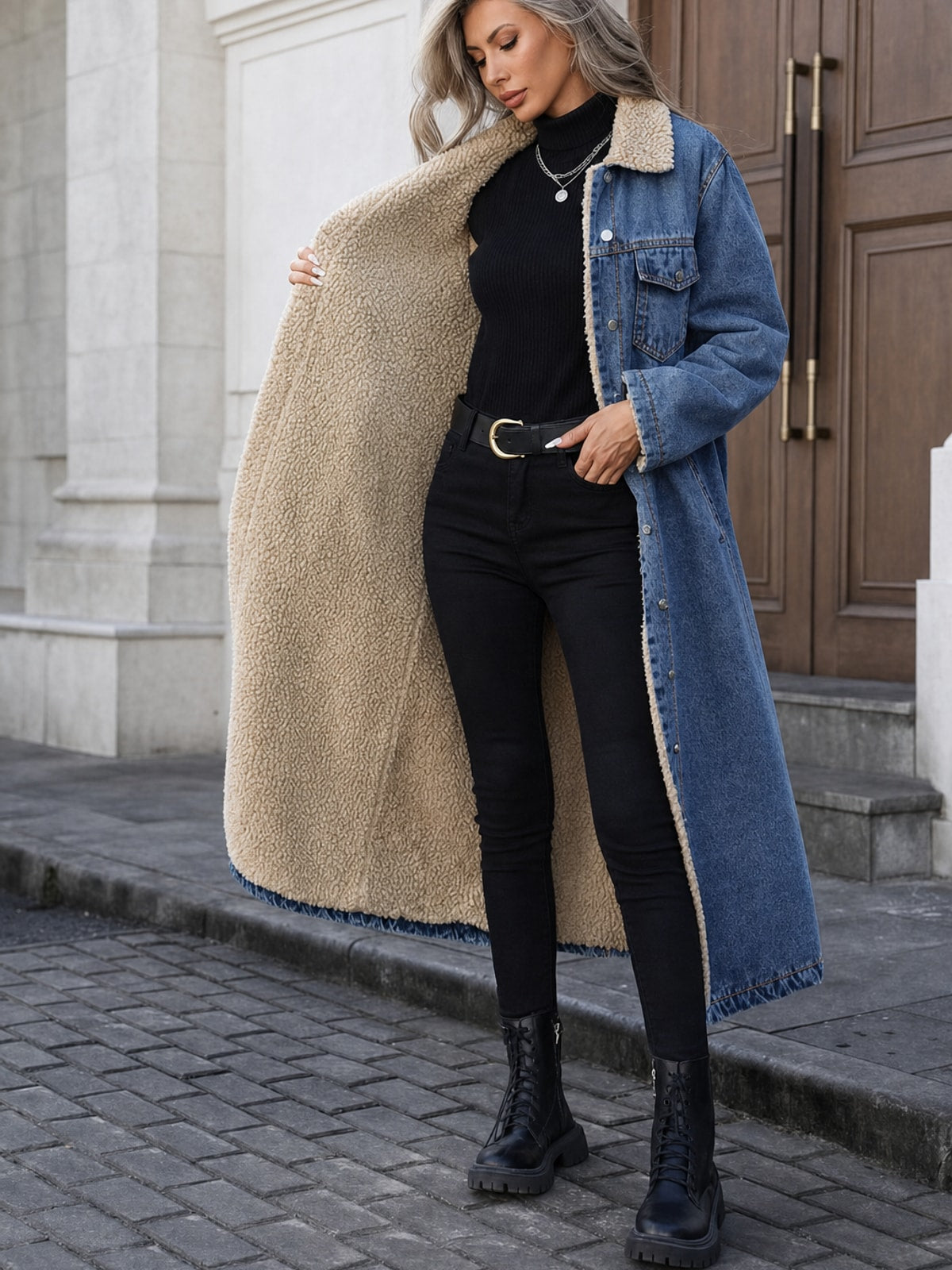 Classic Fleece Lined Long Coat with Button-Front Design - 4