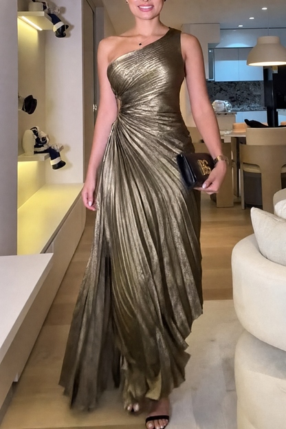 Metallic Gold One-Shoulder Pleated Maxi Dress - view 3