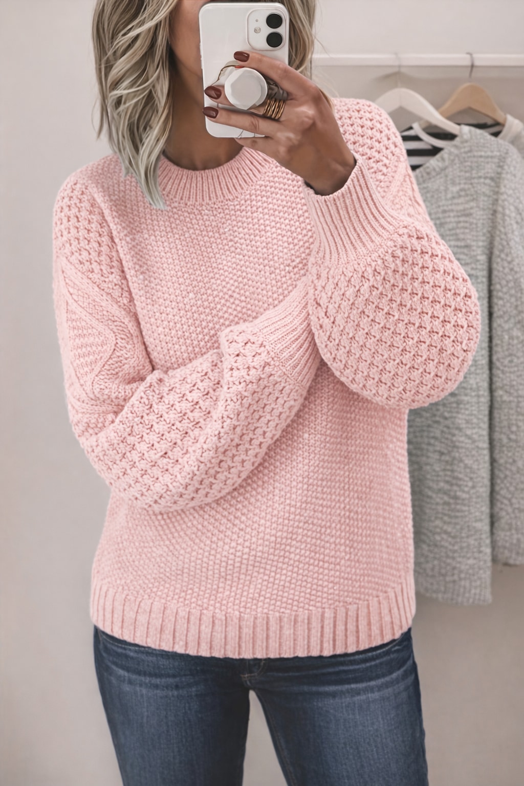 Knitted Sweater with Lantern Sleeves - 3