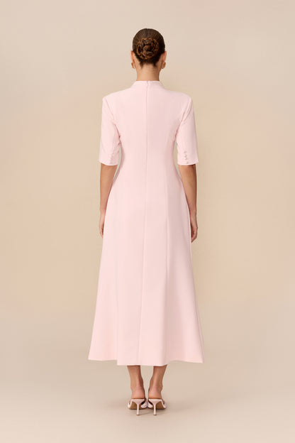 Pink stand collar maxi dress with front slit - view 4