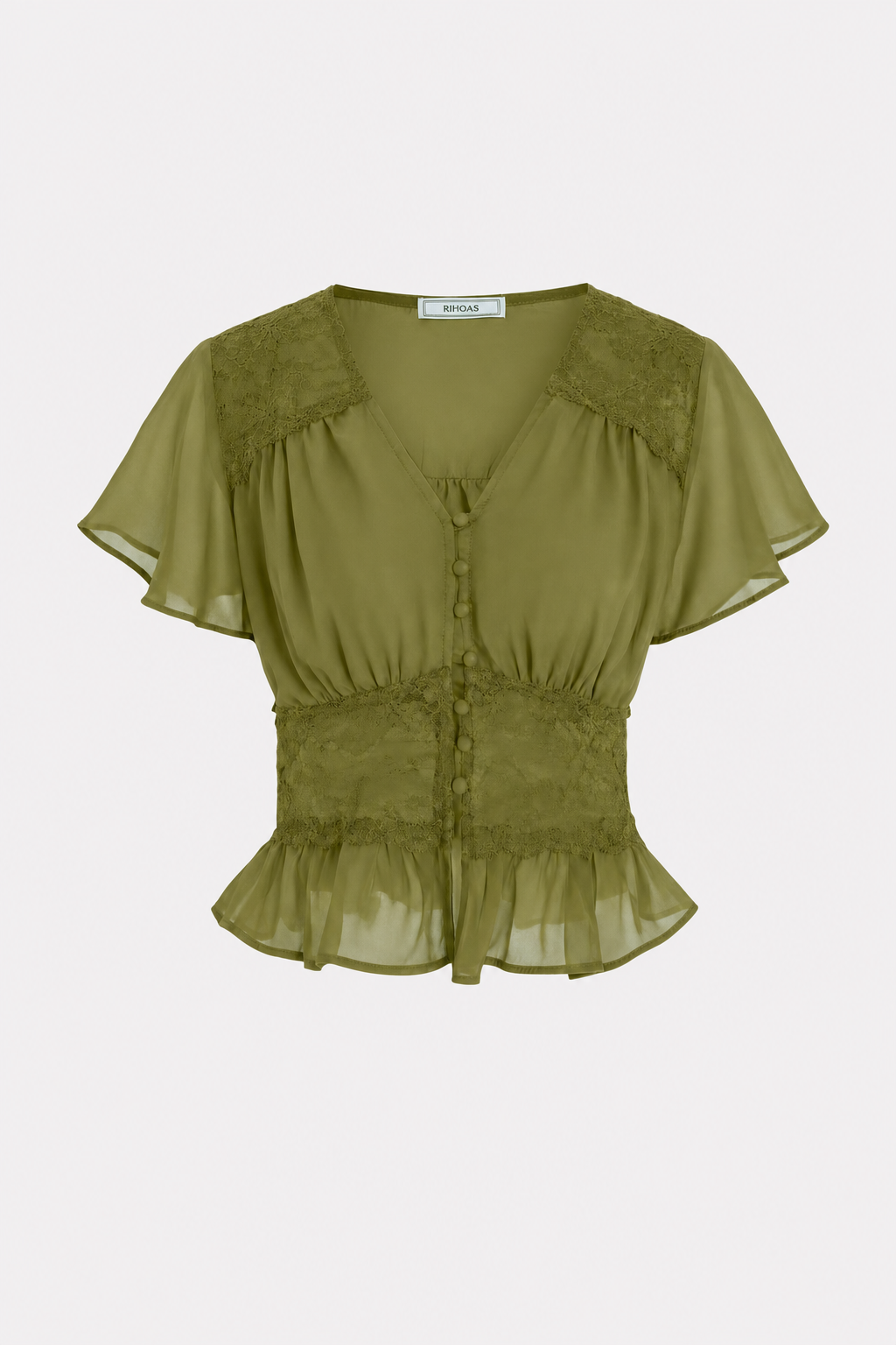 Green V-Neck Ruched Lace Chiffon Blouse