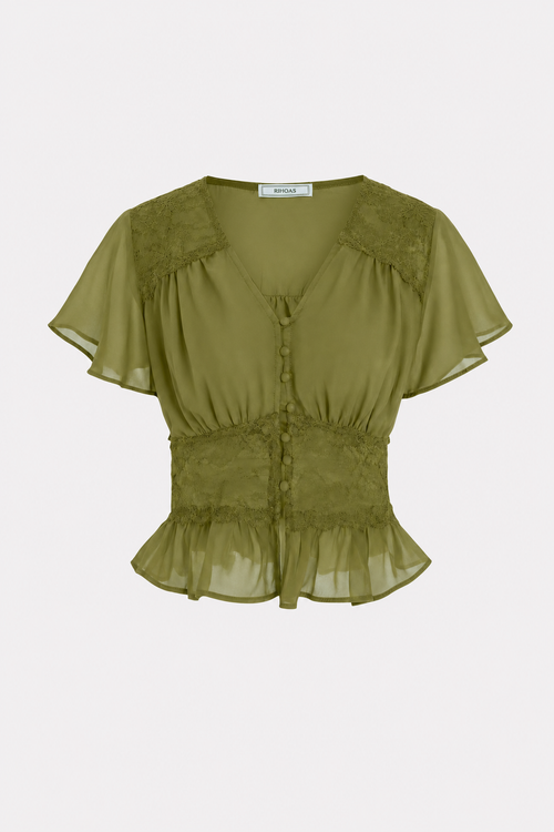 Green V-Neck Ruched Lace Chiffon Blouse