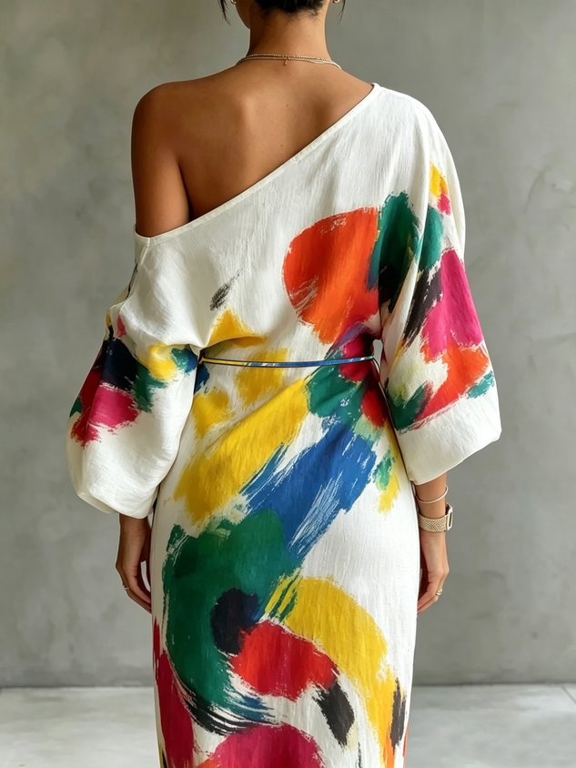 Textured abstract print one-shoulder maxi dress - view 3