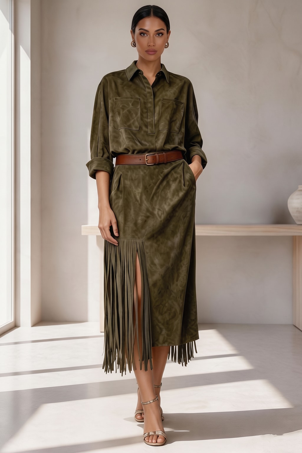 Faux Suede Midi Shirt Dress With Fringed Hem - 2