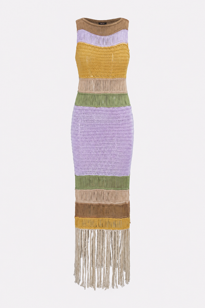 Open Knit Fringe Sleeveless Midi Dress - view 5