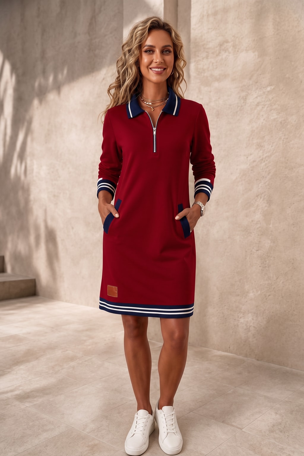 Polyester Half-Zip Polo Dress With Striped Trim - 4