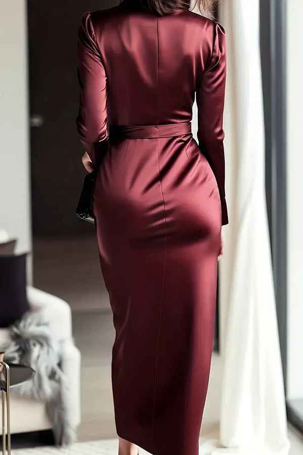 Satin V-neck tie-waist midi dress - view 9