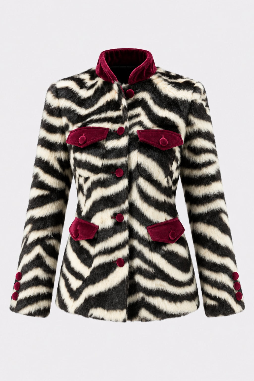 Faux Fur Jacket Zebra Pattern Stand Collar Fitted Outerwear - 1