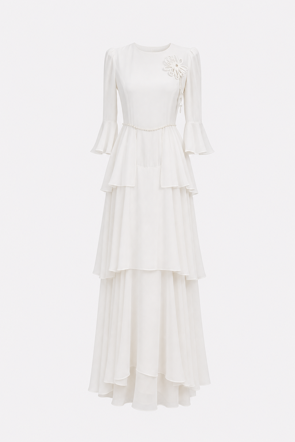 White tiered chiffon maxi dress with flared sleeves