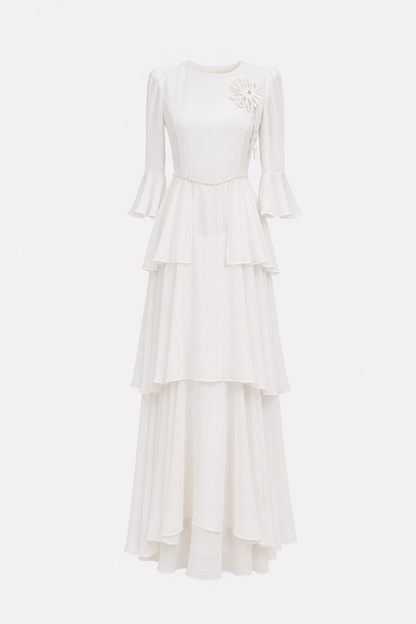 White tiered chiffon maxi dress with flared sleeves
