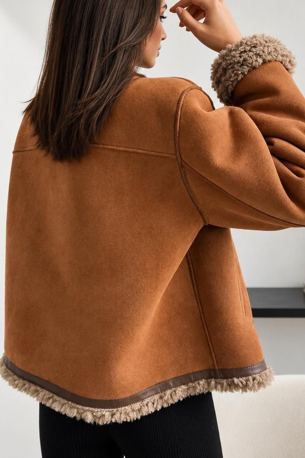 Faux Suede Jacket With Faux Fur Trim - 4