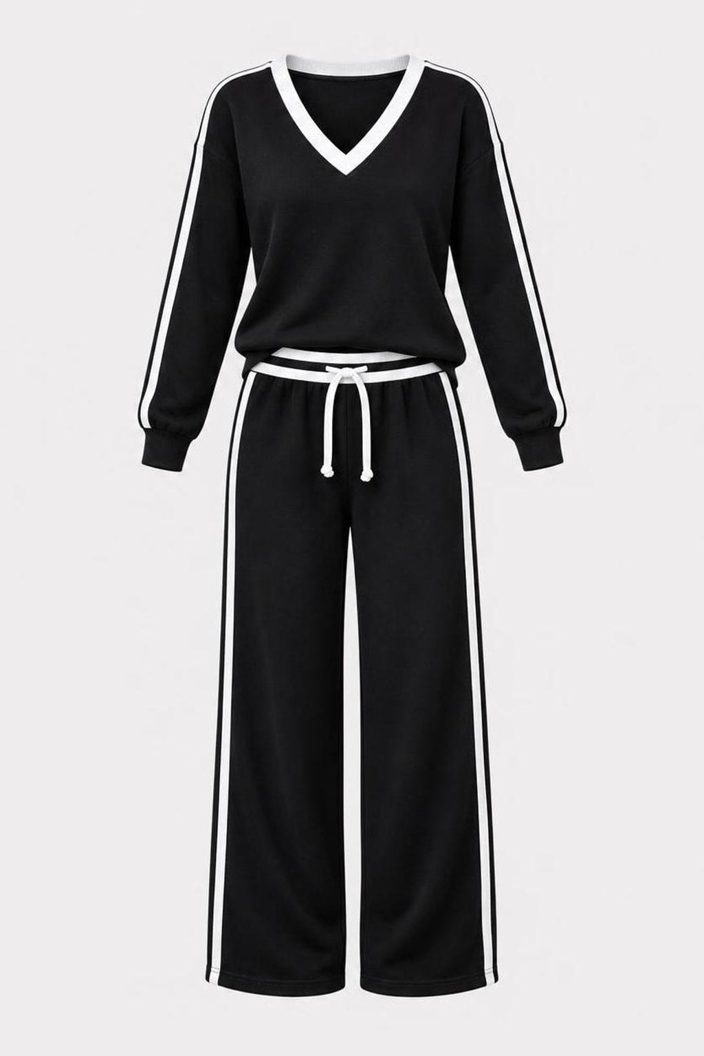 Polyester Knit Wrap Top Wide-Leg Pants Set - 1