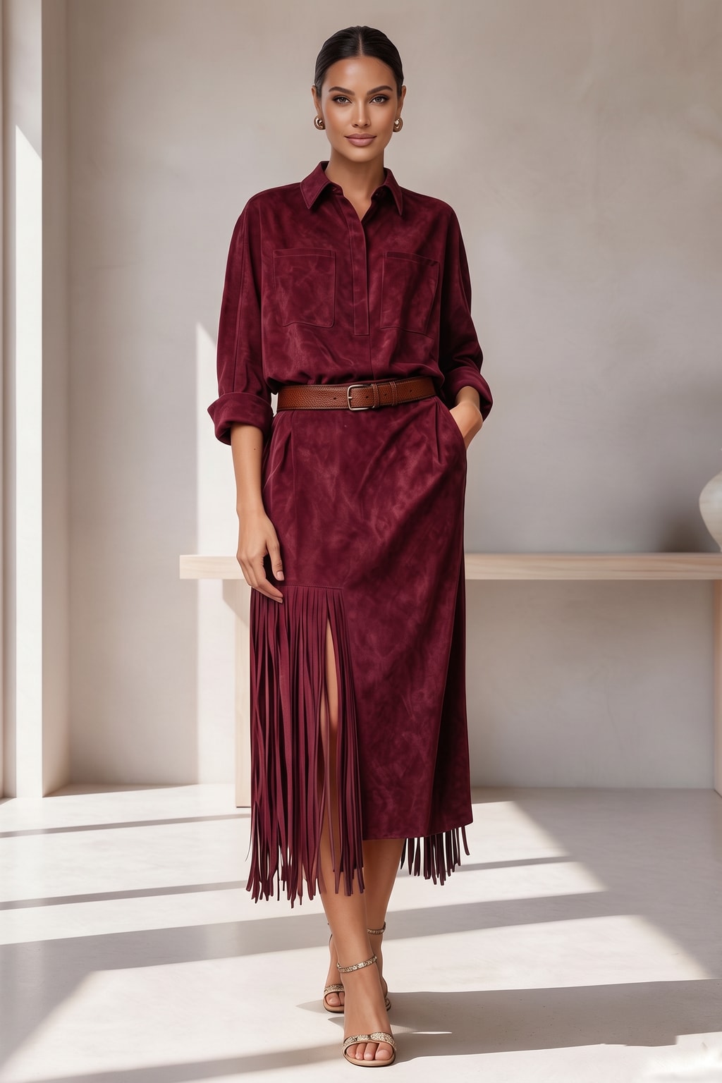 Faux Suede Midi Shirt Dress With Fringed Hem - 8