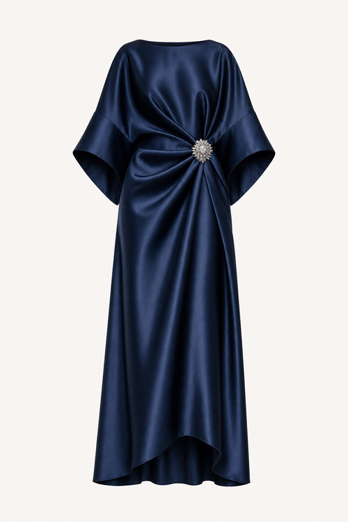 Satin maxi dress with draped cape sleeves