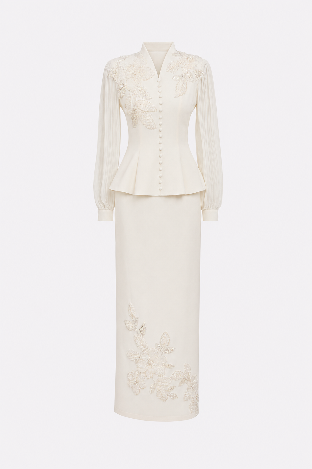 White floral embroidery peplum and skirt set