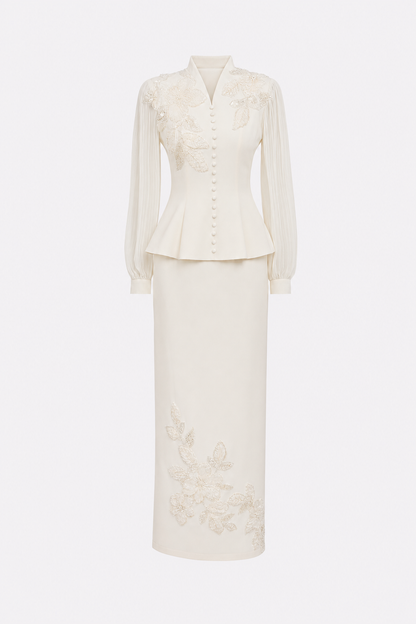 White floral embroidery peplum and skirt set