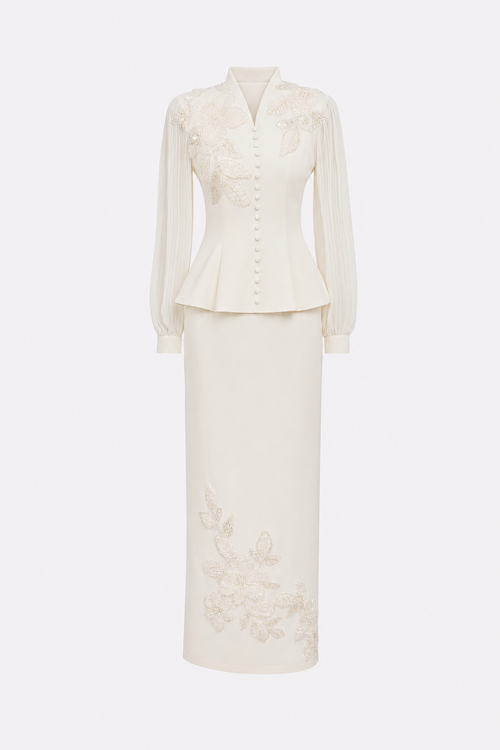 White floral embroidery peplum and skirt set