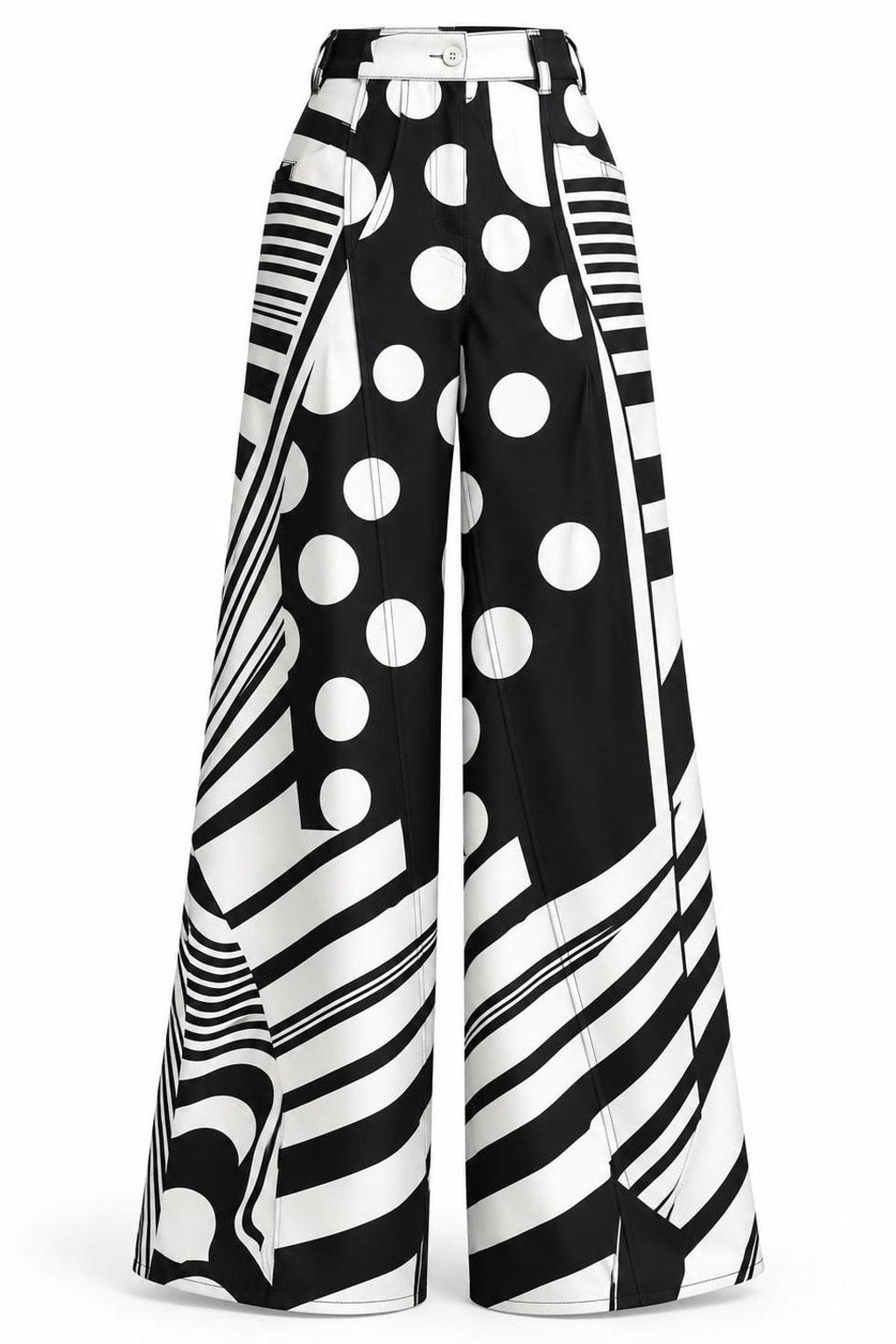 Polyester Wide Leg Trousers In Black And White Polka-Dot - 1