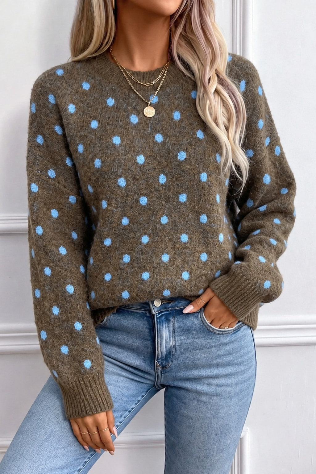 Knit Sweater Polka Dot Crew Neck Pullover - 1