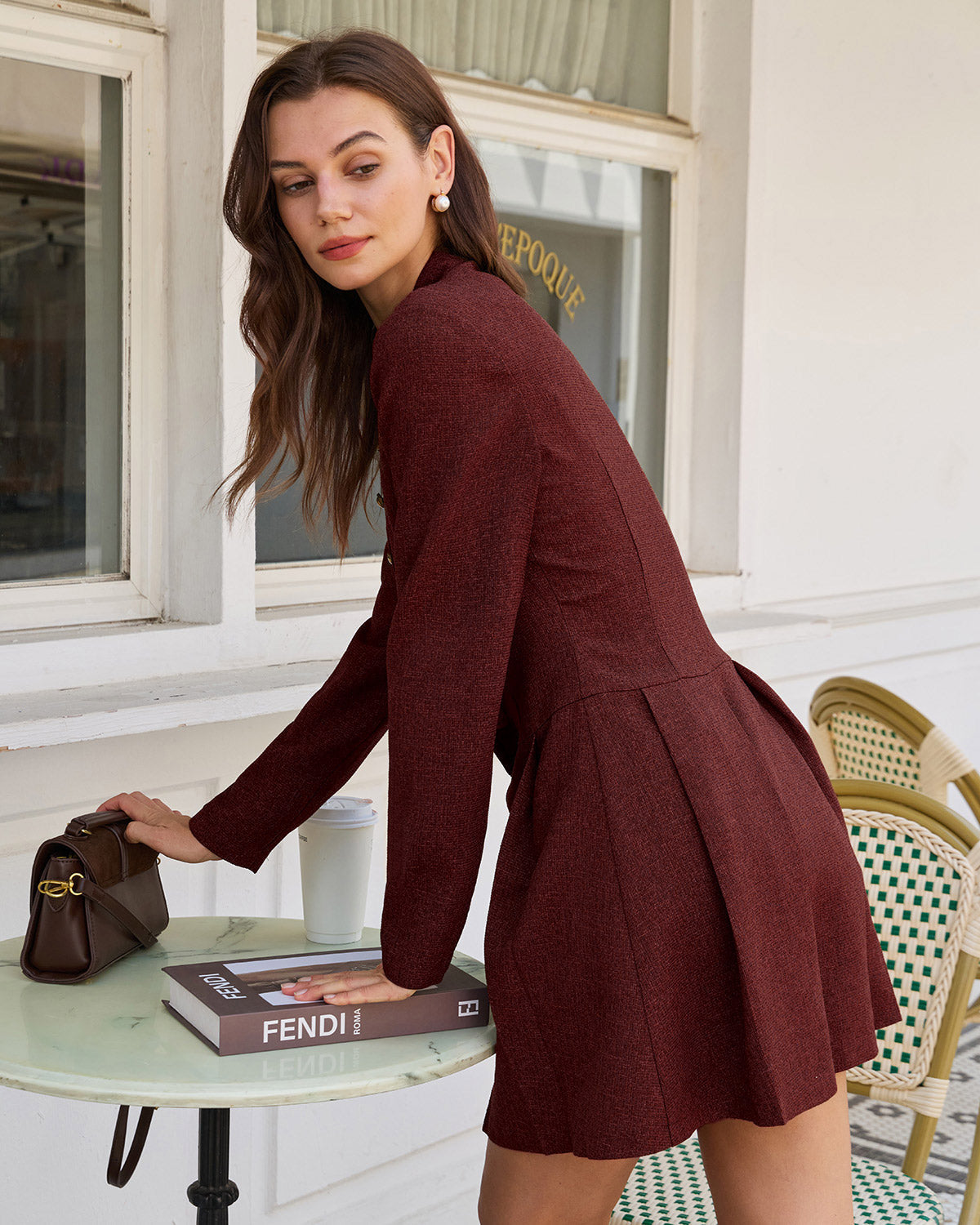 Wine red pleated button mini dress - view 5