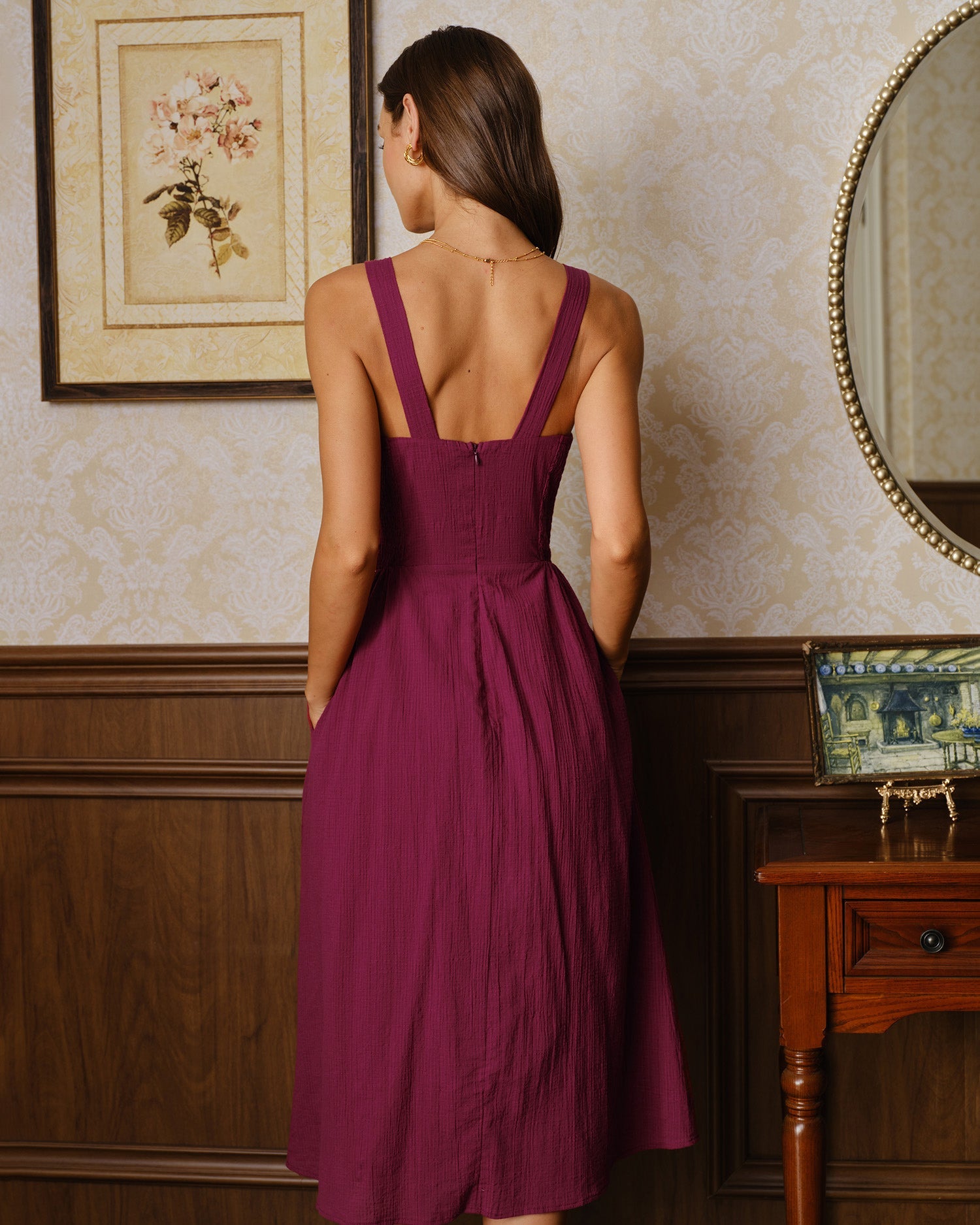 Wine red sweetheart midi dress with pockets - view 4