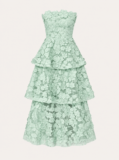 Green Embroidered Off-Shoulder Tiered Maxi Dress