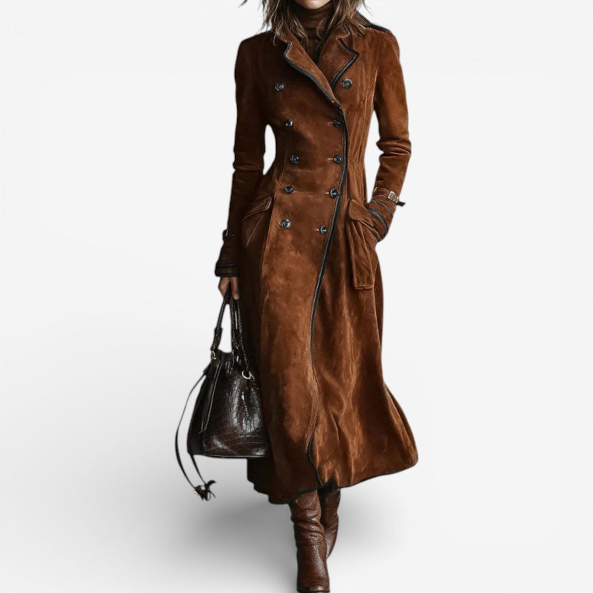 Faux Suede Double-Breasted Long Trench Coat - view 2