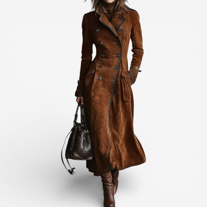 Faux Suede Double-Breasted Long Trench Coat - view 2