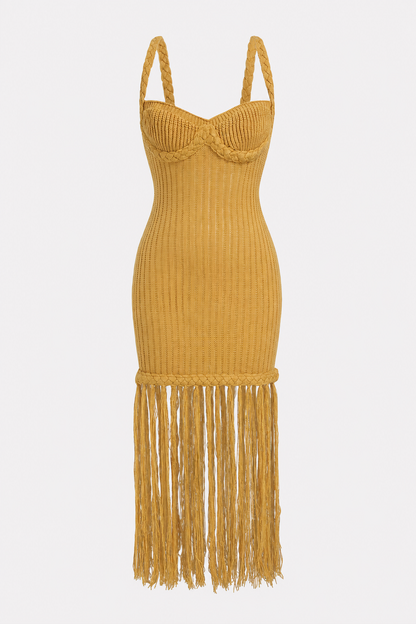 Braided Fringe Trim Knit Midi Dress