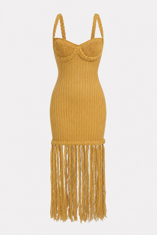 Braided Fringe Trim Knit Midi Dress