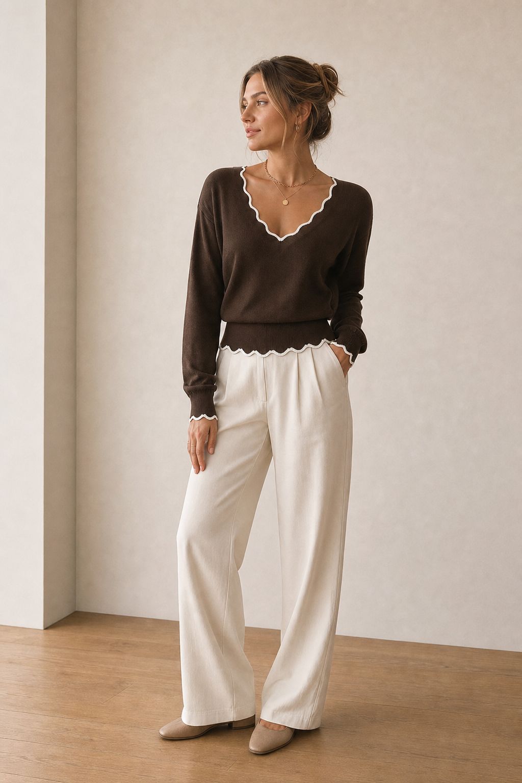 Brown wool blend knit sweater with scallop trim - view 3